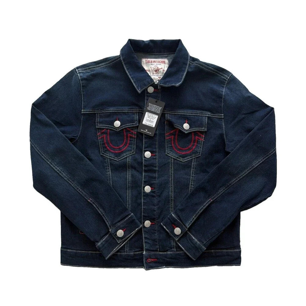 True Religion Men’s Dark Hawk Denim Trucker Jacket Size S Horseshoe Logo NWT